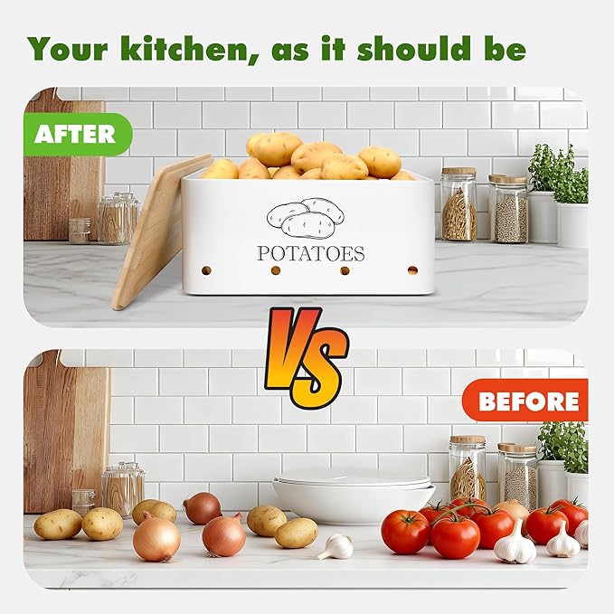 Kitchen Metal Vegetable Storage Bins,Metal Potato Onion Garlic Storage Set of 3 with Aerating Holes and Bamboo Lids,Farmhouse Canisters Sets for the Kitchen Countertop (1, Rectangular)