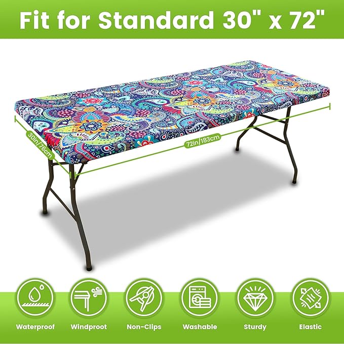 Smiry Spandex Fitted Tablecloth for 6 Foot Rectangle Tables, Washable Picnic Table Cover with Elastic, Stretch Reusable Table Cloth for Outdoor, Camping, Dining & Kitchen (Paisley, 30"x72")