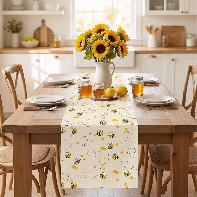 OHOME Summer Decorations for Home - Bee Table Runner | Spring Party Favors Supplies Decorations Indoor Outdoor - Summer Banner Backdrop - Birthday Holiday Table Runner for Home Kitchen