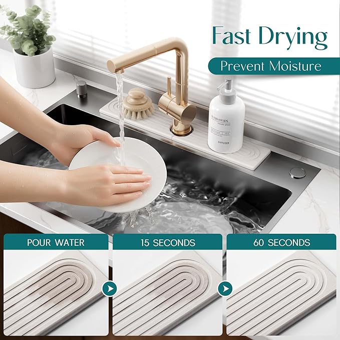 Stone Faucet Mat for Kitchen Sink – Diatomite Drying Stone Mat & Sink Protector, Prevents Moisture – Sink Splash Guard Water-Absorbing Stone Tray for Bathroom Counter (Light Grey, 20" x 3.9")