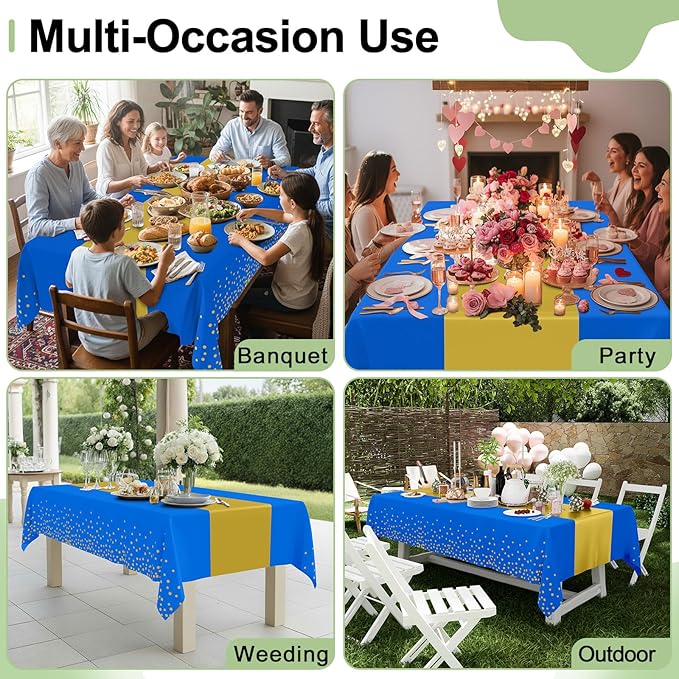 Smiry Plastic Table Cloth Disposable 5 Pack, 54 x 108 Inch Rectangle Waterproof Tablecloth, Printed Gold Table Runner Style for Birthday Weeding, Party Decorations, Leakproof & Sturdy, Blue and Gold