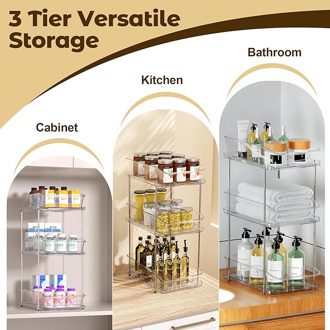 incostar 3 Tier Under Sink Organizer, Pull-Out Storage Organizer with Dividers, Ideal for Organizing Cupboard,Bathroom Vanities,Cabinet, Slide-Out Clear Storage (2 Pack 3 Tier)