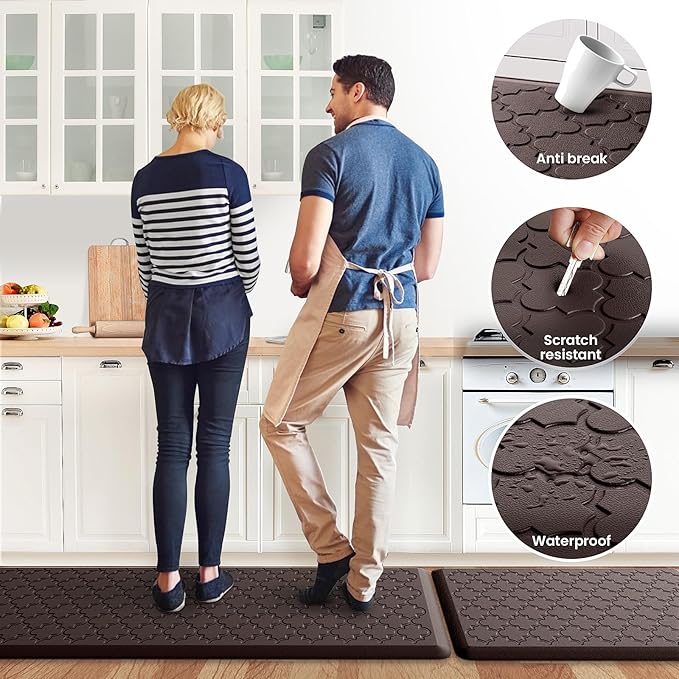 Kitchen Mat [2 PCS] Cushioned Anti-Fatigue Floor Mat Water Resistant Non-Skid Kitchen Mats and Rugs Ergonomic Comfort Foam Kitchen Rugs Standing Mat for Floor Office Sink (Chocolate,20"x30"+20"x60")