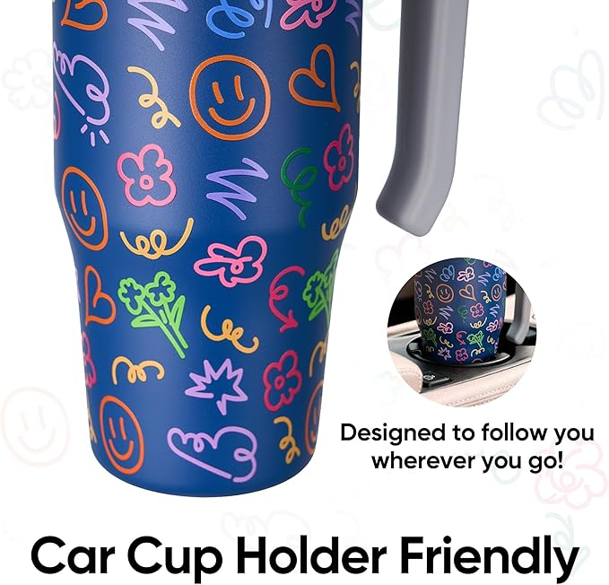Fijinhom 25 oz Insulated Tumbler with Handle, Stainless Steel Insulated Water Bottle Coffee Mug with Straw, Coffee Cups, Cute Water Bottle for Sports, Travel, Lunch, Doodle Joy