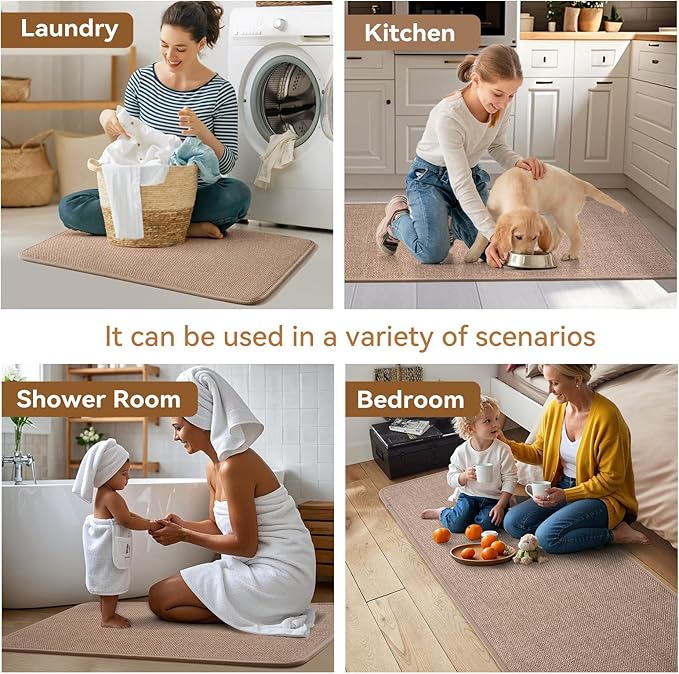 Kitchen Mat Kitchen Rugs Sets of 2 PCS Non Slip Washable, Linen-Like 0.3" Thick Cushioned Absorbent Kitchen Mats for Floor, Mild Anti-Fatigue Sink Laundry Standing Mat, Brown 17"x30"+17"x47"