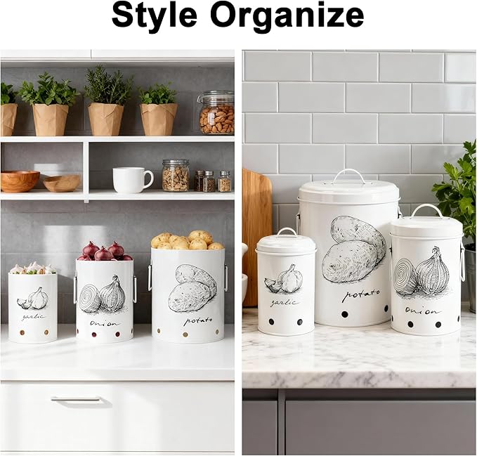 Kitchen Potato and Onion Storage Bin,Metal Vegetable Storage Bins Set of 3 with Aerating Holes and Lids,Farmhouse Canisters Sets for the Kitchen Countertop (1, Circular)