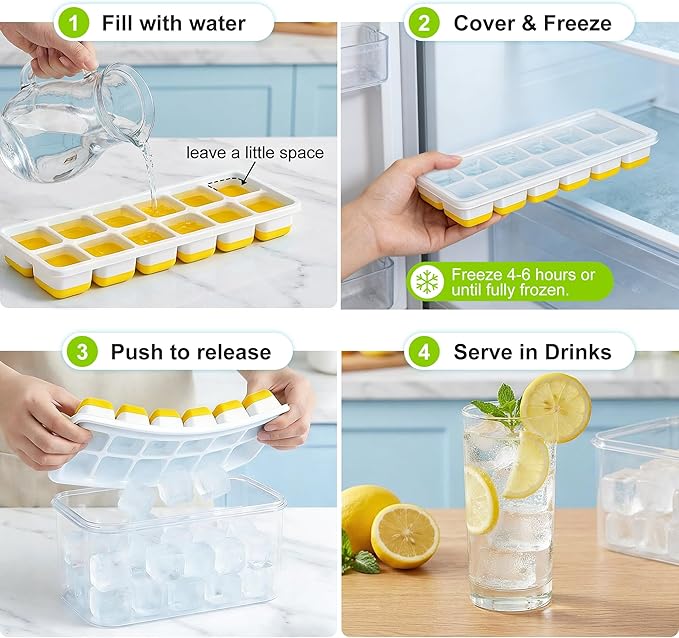 NFK Ice Cube Tray with Lid & Bin - 4 Pack 48 Cubes Stackable Silicone Trays for Freezer with Storage Container, Leak-Proof Lids, BPA-Free, Easy Release for Kitchen, RV, Party, Cocktail & Coffee