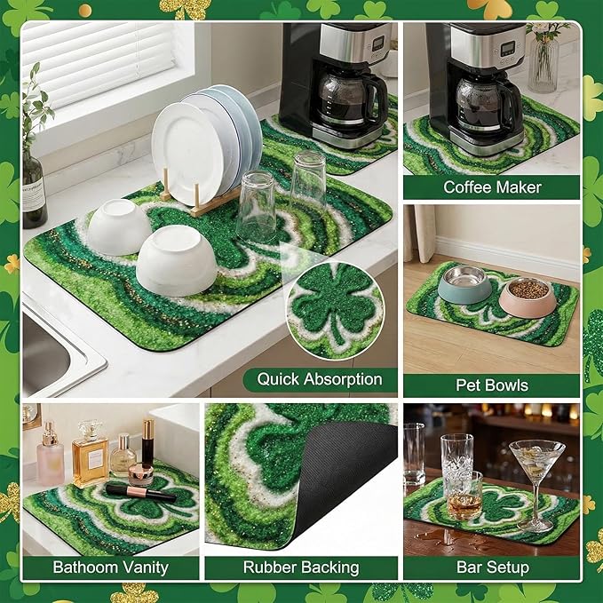 St Patrick’s Day Dish Drying Mat: 12’’x20’’ Green Shamrock Absorbent Counter Protector, Non-Slip Bar & Coffee Mat - Irish Lucky Clover Gold Coin Theme Home Kitchen Holiday Decor
