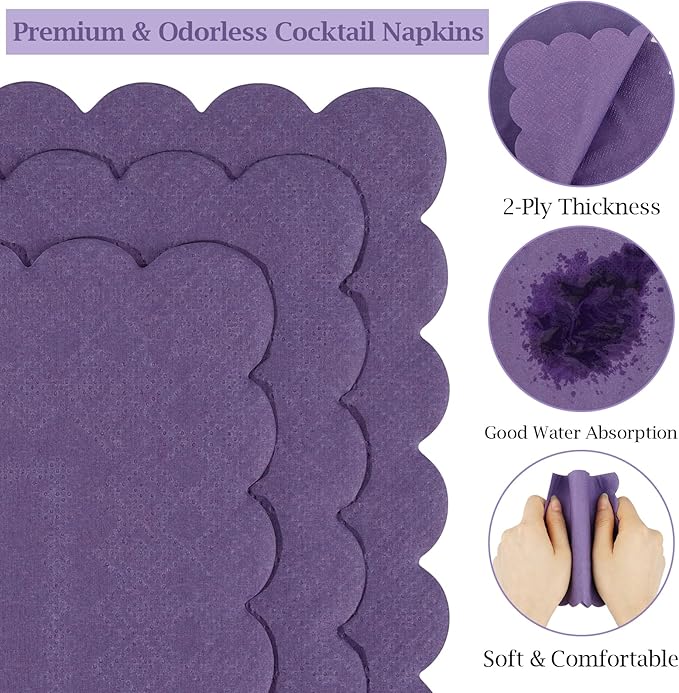 100 Pcs Cocktail Napkins, 2-Ply 5 x 5 Inches Disposable Scalloped Napkins, Thick Premium Dessert Napkins for Party, Wedding, Dinner, Birthday, Anniversary, Festival (Purple)