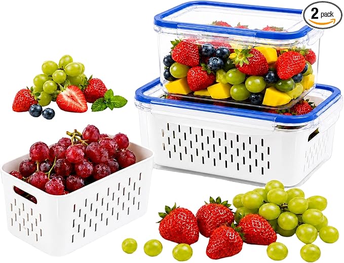 Fruit storage containers for fridge，with detachable drainer basket and airtight seal, stackable produce organizer, prolongs freshness of berries, greens, meats