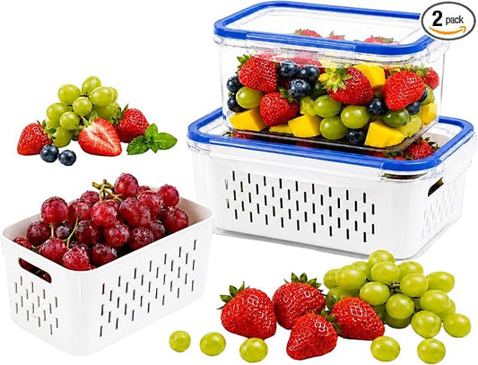 Fruit storage containers for fridge，with detachable drainer basket and airtight seal, stackable produce organizer, prolongs freshness of berries, greens, meats
