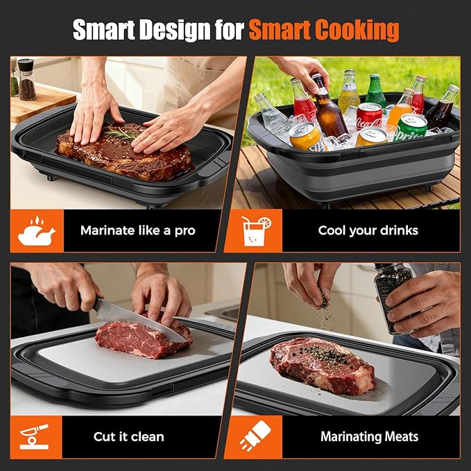 Collapsible BBQ Prep Tubs with Titanium Cutting Board, Large-Capacity（5.3Gal/20L）Barbecue Utensils, with Locking Lid, Strong Sealing and Leak-Proof Design. Suitable for Kitchen and Outdoor.