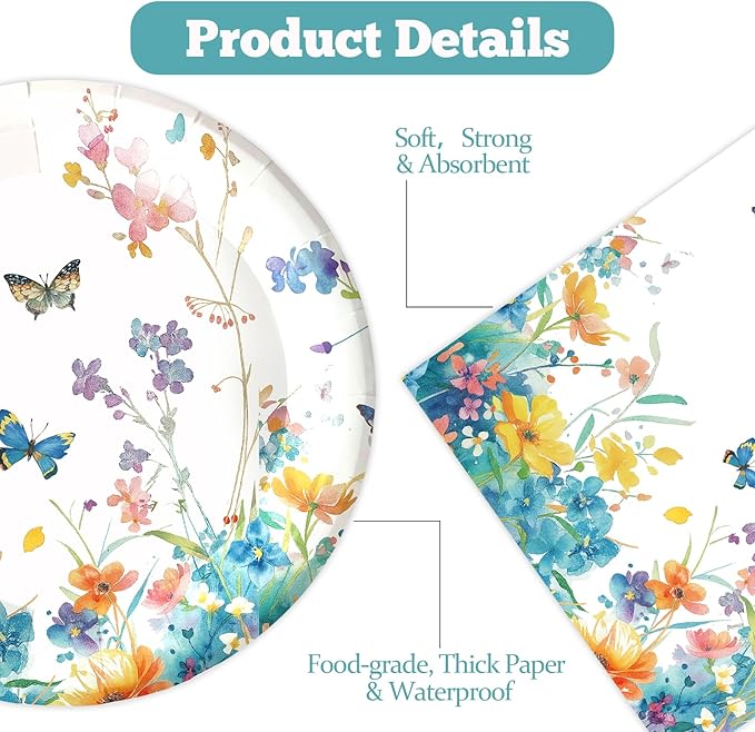 50pcs Wildflower Paper Plates and Napkins Party Decorations, 7inch Watercolor Floral Paper Plate Tableware for Spring Summer Birthday Baby/Bridal Shower Picnic Wedding Girl Tea Party Supplies