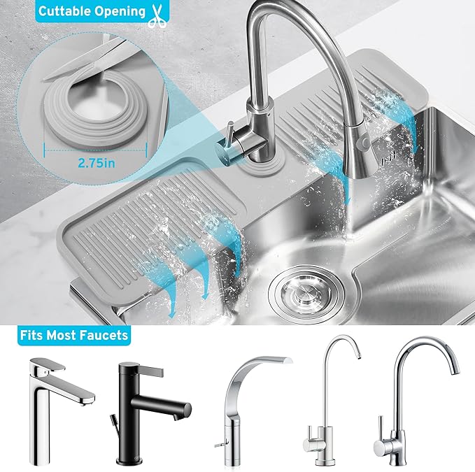 24" Longer Silicone Splash Guard, 5 Slope Design Faucet Water Catcher Mat, Handle Drip Catcher Tray Mat for Kitchen Countertop Bathroom Sink Protectors (Beige White)