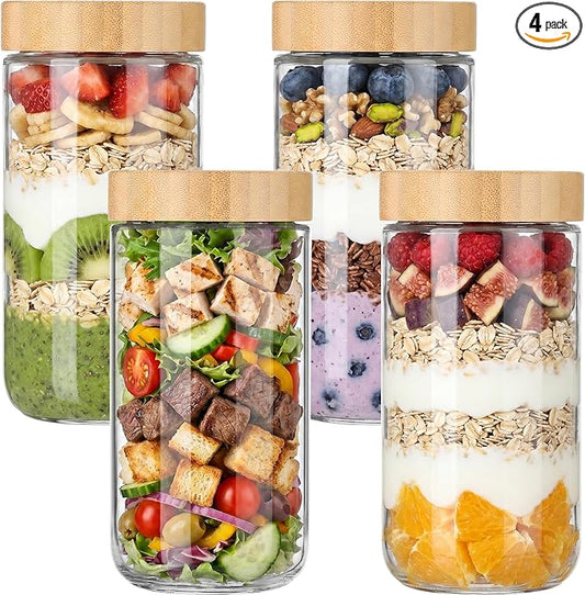 Vtopmart 4 Pack 24oz Glass Overnight Oats Containers with Bamboo Lids, Portable Wide Mouth Glass Jars Leak-proof, Reusable Glass Food Storage Containers for Yogurt Chia Pudding Salad Pickling Snacks