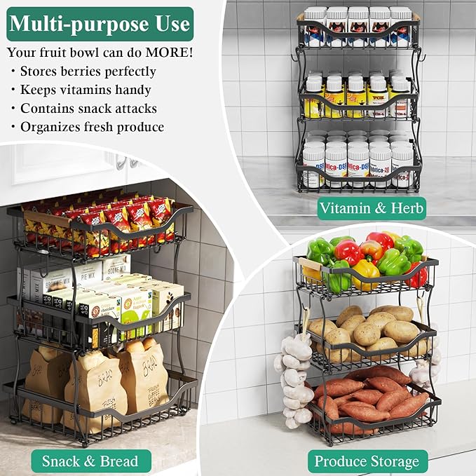 OKZEST 3-Tier Fruit Basket for Kitchen Counter, Wall-Hanging Fruit Bowl and Kitchen Countertop Organizer with 2 Banana Hooks, Fruit Storage Holder for Storing Potato Onion Snack Bread Fruit Vegetable