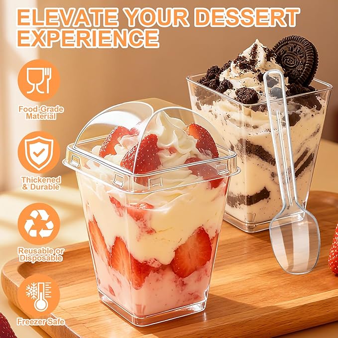 100 Pack 5oz Plastic Dessert Cups with Lids and Spoons, Mini Clear Yogurt Parfait Cups, Small Dessert Shooter Serving Cups, Square Appetizer Cups for Fruit Pudding Ice Cream Tasting Party Supplies