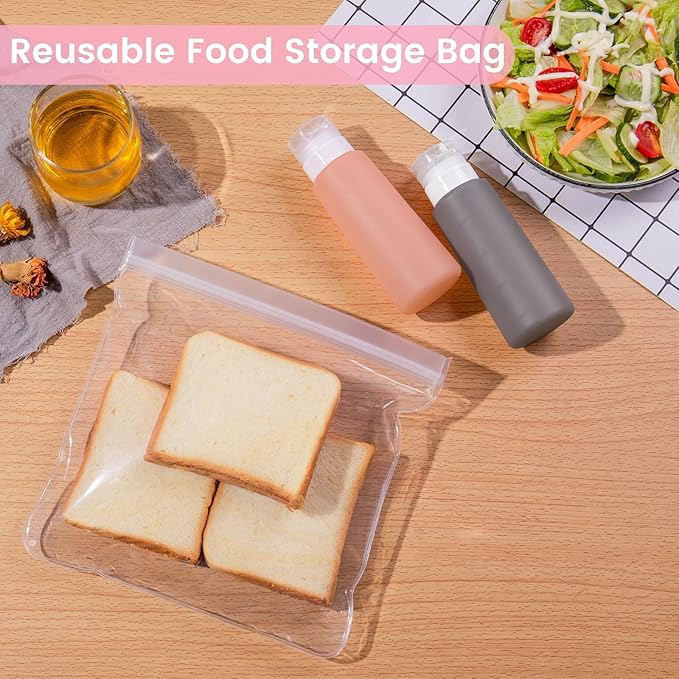 MICEBAY Condiment Squeeze Bottles for Sauces, 6-oz Small Silicone Salad Dressing Container to Go with Snack Storage Bag, Leakproof Sauce Bottles for Lunch Box, 4 Pack, Pink
