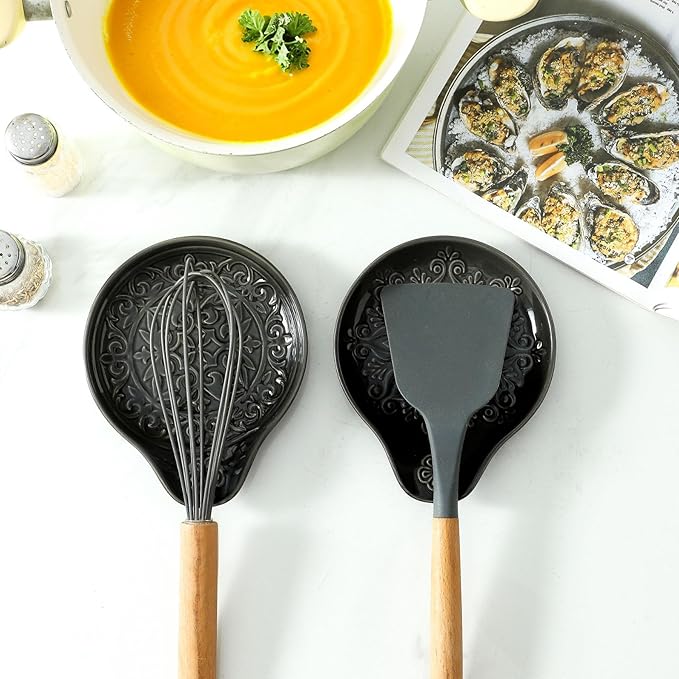 Farmhouse Ceramic Spoon Rests Holder for Kitchen Counter Stove Top (Black-A3)