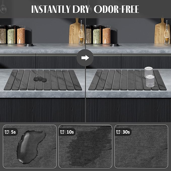 2 PCS Large Stone Dish Drying Mat for Kitchen Counter, 24"×16" Marble Dish Drying Mat with 8"x 4" Coasters, Non - Slip Collapsible Absorbent Mat for Multi - Purpose, Match Any Countertop - Grey