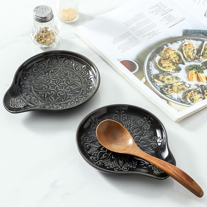 Farmhouse Ceramic Spoon Rests Holder for Kitchen Counter Stove Top (Black-A3)