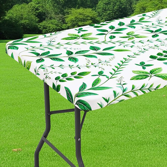 Smiry Spandex Fitted Tablecloth for 4 Foot Rectangle Tables, Washable Picnic Table Cover with Elastic, Stretch Reusable Table Cloth for Outdoor, Camping, Dining & Kitchen (Leaf, 30"x48")