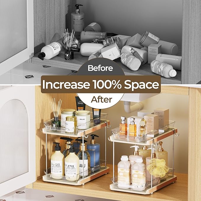 DELAMU Under the Sink Organizer, 2-Tier Pull-Out Cabinet Drawers with Adjustable Shelf & Hooks, Under Sink Cabinet Organizer for Bathroom, Kitchen, Vanity & Every Household(Wood Grain, 4 Pack)
