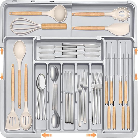 Silverware Drawer Organizer for Kitchen, Adjustable Utensil Drawer Organizer with 2 Knife Block, BPA Free Flatware and Cutlery Holder, Expandable Plastic Storage for Spoons Forks Knives(Grey)