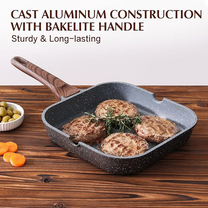 SENSARTE Nonstick Grill Pan with Lid, Grill Pan for Stove Tops, Versatile Griddle Pan with Pour Spouts, Square Grill Pan for Big Cooking Surface, Grill Skillet for Indoor Outdoor Grilling. PFOA Free