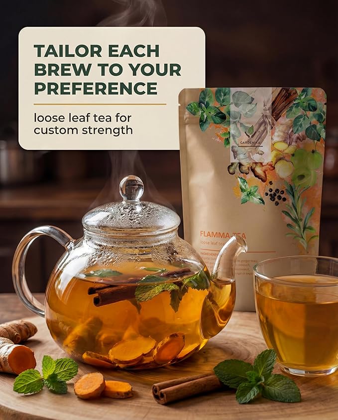 Gardenika Organic Flamma-tea Loose Leaf Tea | Premium Turmeric Ginger Blend with Cinnamon, Peppermint & Black Pepper | 100% Natural, Caffeine Free Herbal Wellness Tea | 4oz (113g)