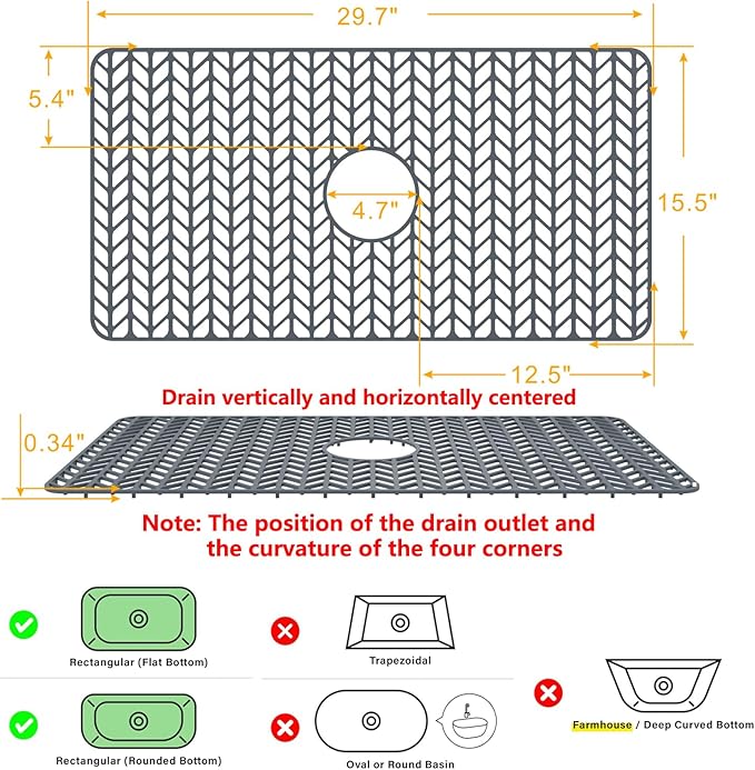 Sink Protectors for Kitchen Sink 12" 13" 16" 18" 19" 24" 26" 28" 29" 30",Silicone Kitchen Sink mats Protector for Bottom of Farmhouse(29.7"x15.5" Center)