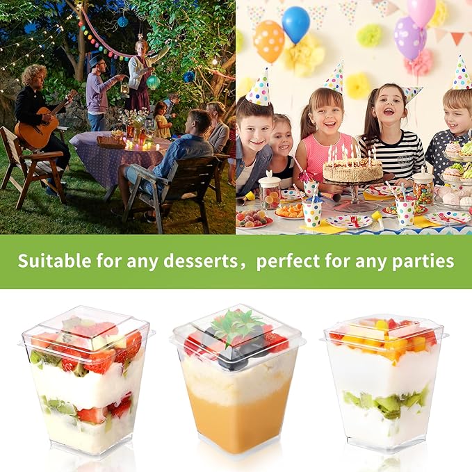 50 Pack 5 oz Plastic Dessert Cups With Lids and Spoons, Yogurt Parfait Appetizer Cups for Party, Mini Dessert Shooters for Pudding and Fruit