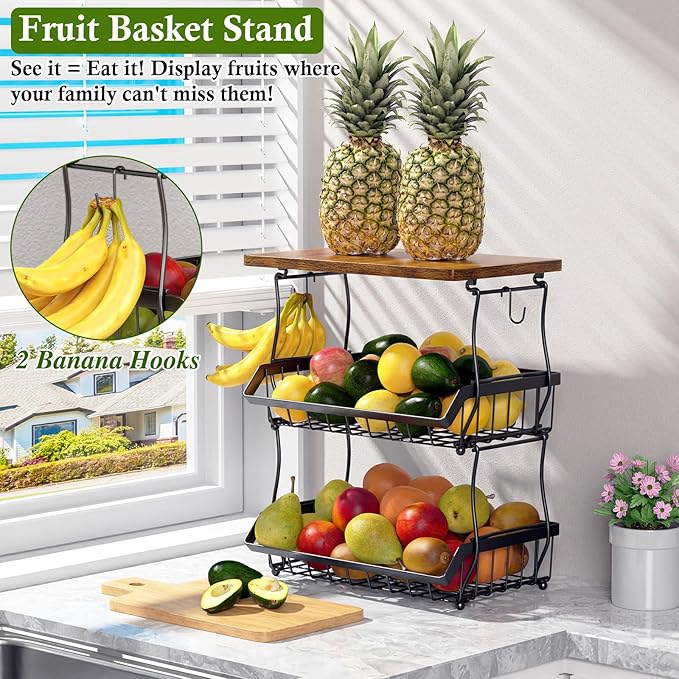 OKZEST 3-Tier Fruit Basket for Kitchen Counter with Banana Hangers, Countertop Organizer Fruit Bowls with Wood Top, Fruit Storage Basket Stand for Storage Potato Onion Bread Snack Fruit Veggie
