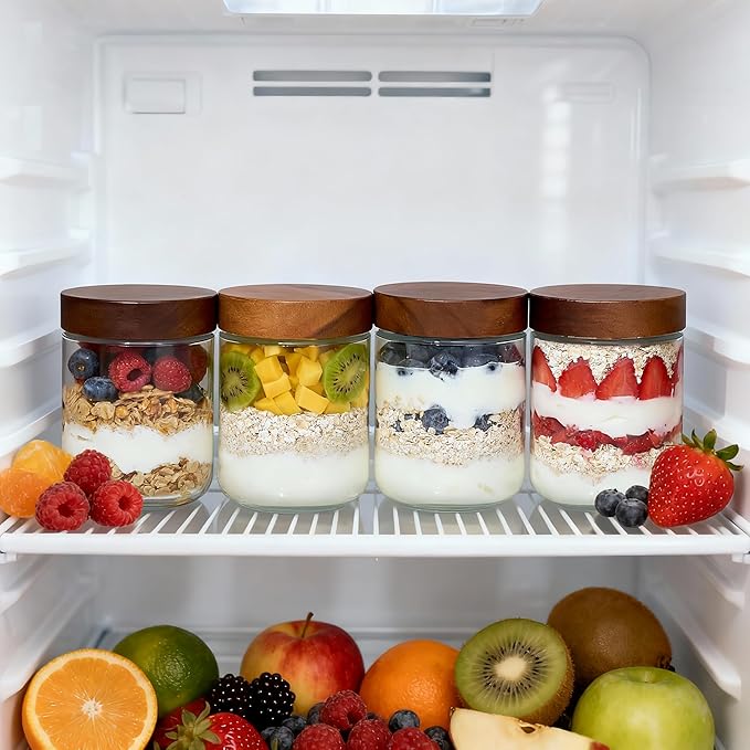 Danmu 16 oz Overnight Oats Containers with Lids,Salad Jar,Glass Jar with Wooden Lid 4 Pack,Mason Jars 16 oz with Lids for Snack,Overnight Oats,Meal Prep,Yogurt,Parfait,Soup,Salad 100% Leak-proof