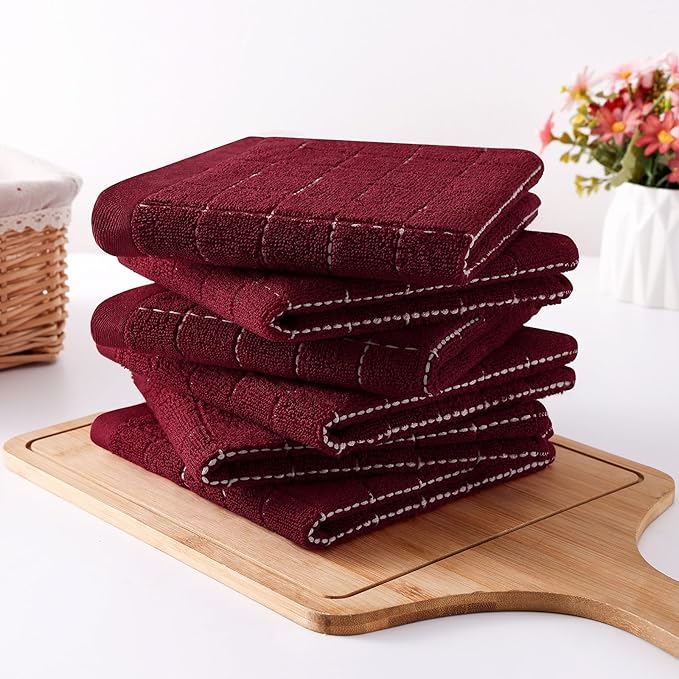 Homaxy 100% Cotton Terry Kitchen Dish Cloths, Ultra Soft and Absorbent Dish Towels for Kitchen, Suitable for Drying and Washing Dishes, 8 Pack, 12 x 12 Inches, Burgundy Red