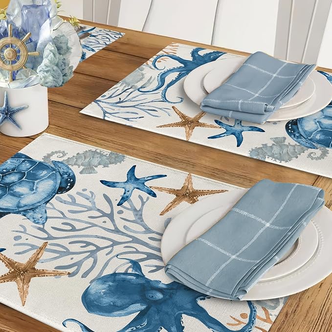 Seliem Spring Summer Octopus Turtle Starfish Coral Placemats Set of 4, Coastal Sea Horse Creature Dining Table Place Mats, Nautical Beach Seasonal Kitchen Decor Home Decoration 12 x 18 Inch