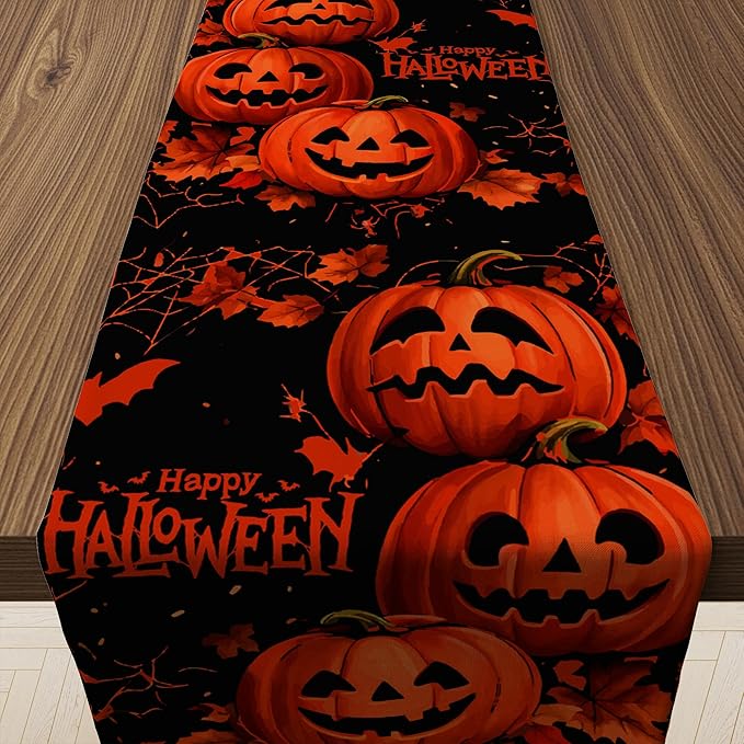OHOME Halloween Decorations - Happy Halloween Pumpkin Table Runner | Halloween Party Favors Supplies Backdrop for Indoor Outdoor | Halloween Decor Tablecloth for Home Office Dining Kitchen
