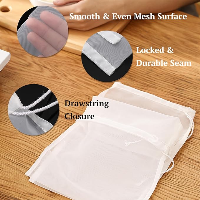 Reusable Fine Mesh Strainer Bag, Multi-Use Nylon Filter for Nut Milk Brewing & Juice Extraction, Food Grade Filtration Bag (200Mesh-2pcs)