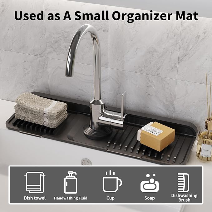 WAFT YEARN 17X5 Inch Silicone Durable Faucet Mat Kitchen Sink Splash Guard Draining Protector Tray Liner Absorbent Protective Counter Accessories For Sink Kitchen Bathroom Laundry Room Bar & RV Black