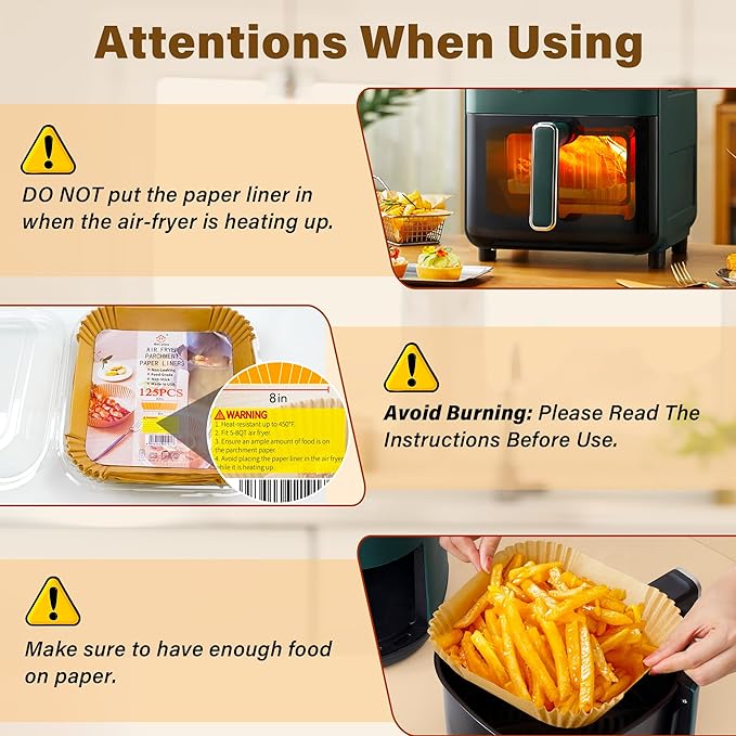 Air Fryer Liners Disposable, 125Pcs Parchment Paper, 8 Inch Non-stick Air Fryer Paper Liners, Unbleached Square Airfryer Liners for 5-8QT Air Fryer, Baking, Roasting Microwave