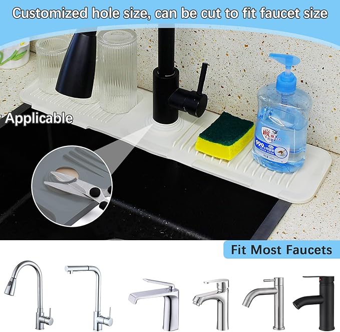 Silicone Sink Splash Guard Mat with Slanted Design,24*5.5 Inch Large Non-Slip Base,Multi-Surface Protector for Kitchen,Bathroom,Laundry,RV,Easy Clean Water Deflector Accessory(milky white)