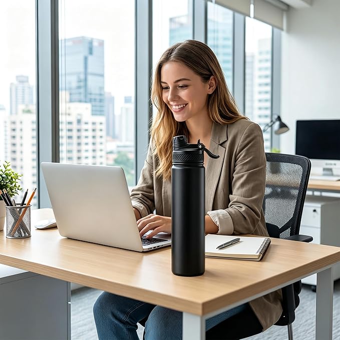 Fijinhom 24 oz Insulated Water Bottle, 2-in-1 Straw and Spout Lid Stainless Steel Thermos, Leak-Proof, Double Wall Vacuum Flask, Keep Cold 24H for Outdoor, Sports, Travel, School (Black)