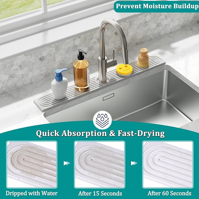 Stone Faucet Mat for Kitchen Sink - Quick Dry Diatomite Sink Splash Guard, Prevents Moisture Buildup & Water Stains, Water Absorbing Stone Tray for Bathroom Countertop (White, 23.6" x 4")