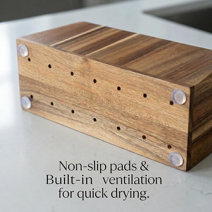 Large Kitchen Utensil Holder for Countertop – Acacia Wood Utensil Organizer with 4 Compartments, Beveled Edges Design, Non-Slip Silicone Pads & Drain Hole – Rustic Farmhouse Utensil Caddy Crock