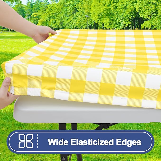 Smiry Picnic Table Cloth 2 Pack, Waterproof Elastic Fitted Tablecloths for 6FT Rectangle Tables, Washable Polyester Buffalo Plaid Tablecloth for Camping, Dining & Outdoor (Yellow & White, 30" x 72")