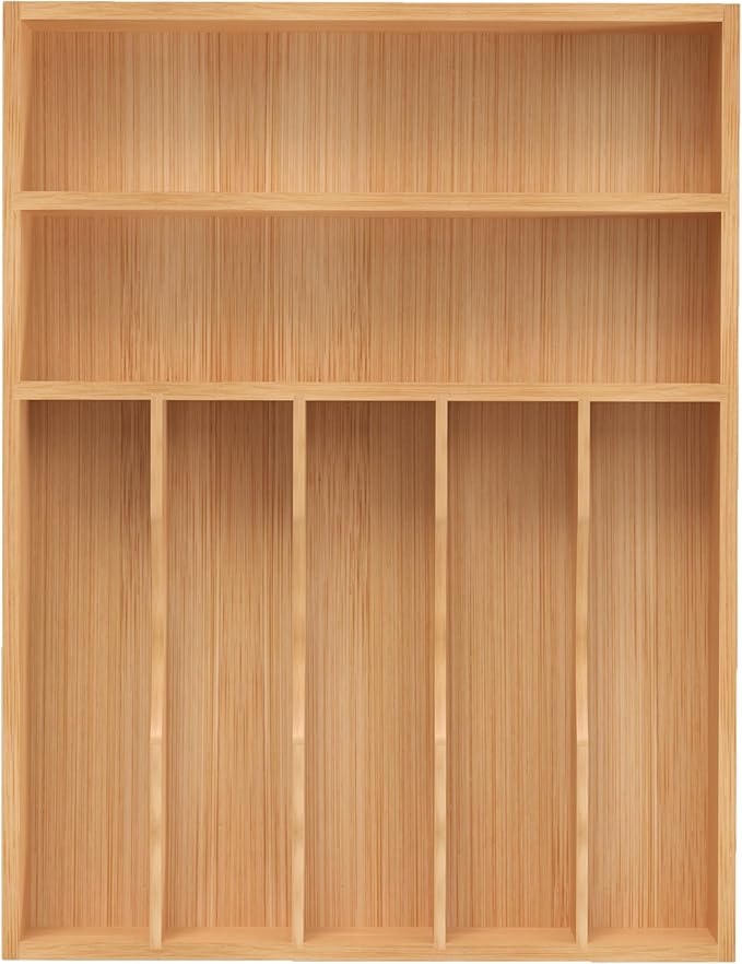 Silverware Organizer, Bamboo Kitchen Drawer Organizer, Utensil Holder, Cutlery Tray & Spoon Flatware Storage with Grooved Drawer Dividers (13''W x 17''D)