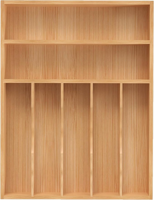 Silverware Organizer, Bamboo Kitchen Drawer Organizer, Utensil Holder, Cutlery Tray & Spoon Flatware Storage with Grooved Drawer Dividers (13''W x 17''D)