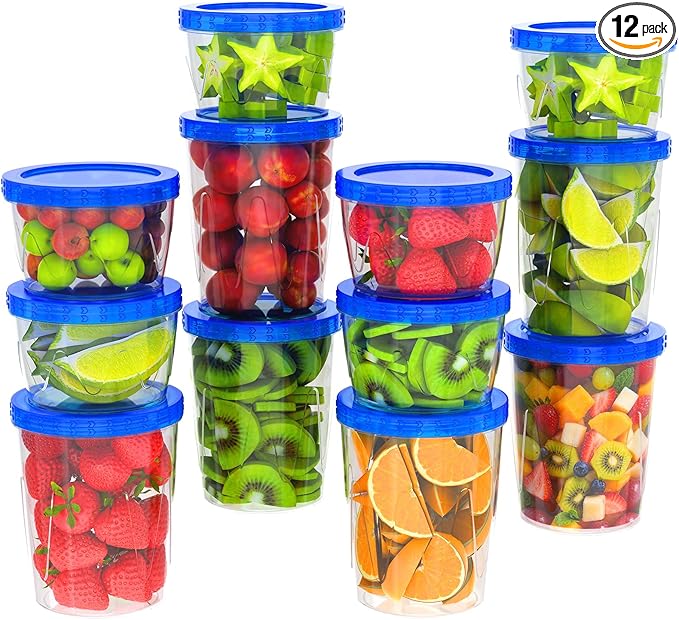 12 Pack- 17/34oz Reusable Freezer Storage Containers, [STURDIER and MORE DURABLE] Airtight Plastic Food Storage Containers with Twist Top Lids, BPA Free|Stackable|Leakproof| Microwave/Dishwasher Safe
