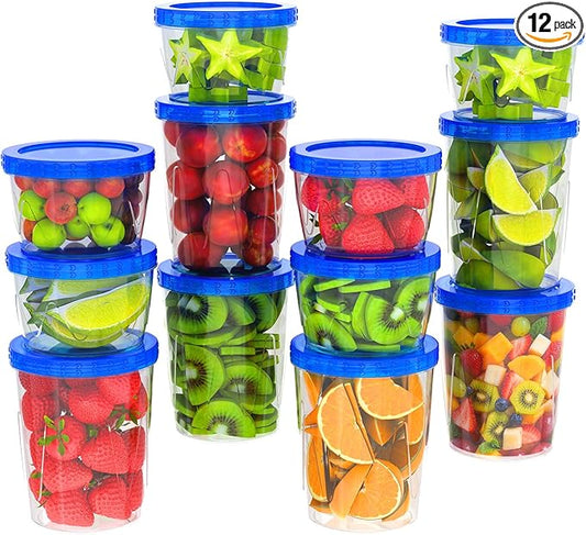 12 Pack- 17/34oz Reusable Freezer Storage Containers, [STURDIER and MORE DURABLE] Airtight Plastic Food Storage Containers with Twist Top Lids, BPA Free|Stackable|Leakproof| Microwave/Dishwasher Safe