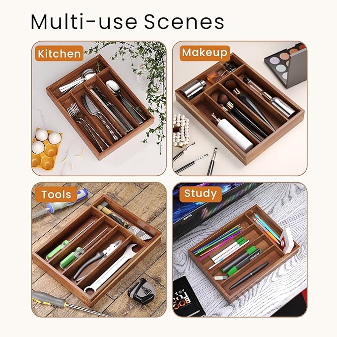 Silverware Organizer Acacia Wood Kitchen Drawer Organizer with 5 Slots Flatware Organizer Tray for Kitchen, Flatware, Utensils